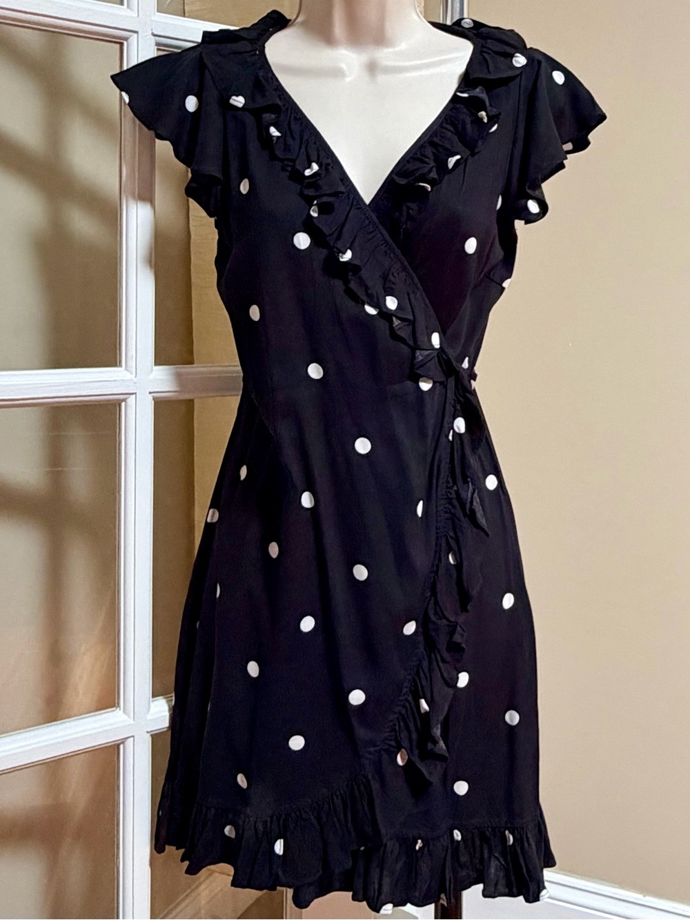 Motel Rocks Black & White Polka Dot Ruffle Wrap Mini Dress